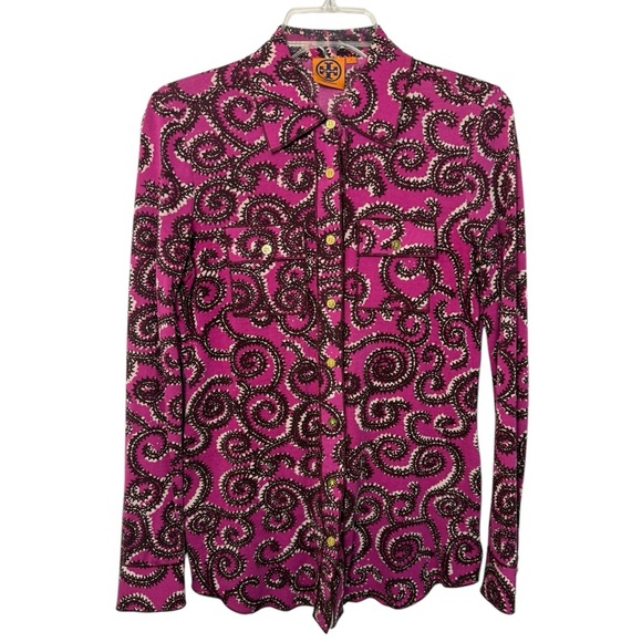 Tory Burch Swirl Print Shirt Size Small Pink Burgundy Western Bohemian - Picture 2 of 8